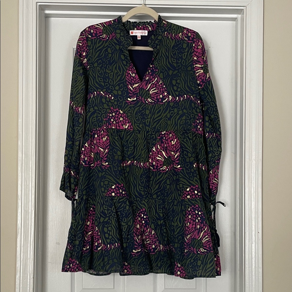 Jude Connally Vibrant Animal/Leopard Tiered Dress w/  Tassel Tie Sleeves Medium